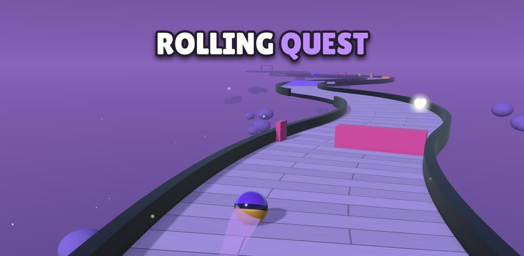 Rolling Quest ball on a winding purple sky road with a glowing heart pickup