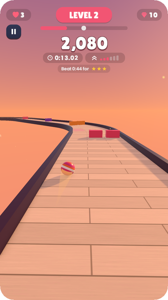 Rolling Quest gameplay: a striped ball rolling down a winding wooden road at sunset with obstacles ahead